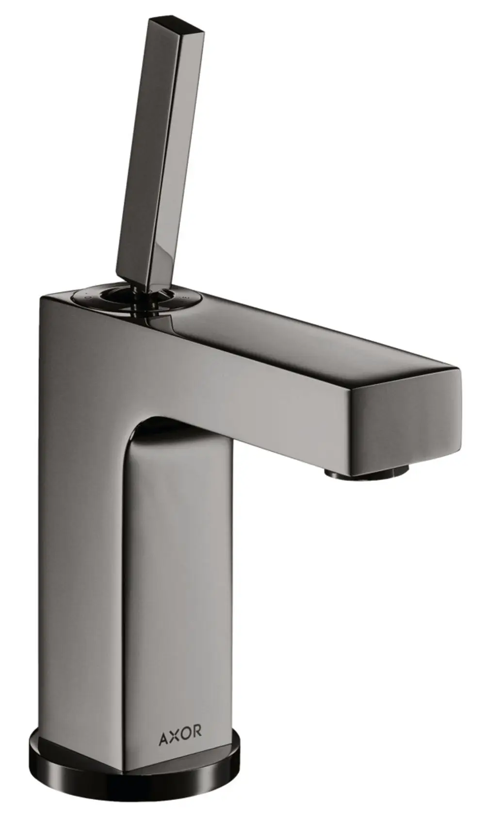 Einhebel-Waschtischmischer in Polished Black Chrome von AXOR, mit hoher Auslaufstruktur und quadratischem Hebel, ausgestattet mit Zugstangen-Ablaufgarnitur.